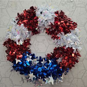 4th of July, Patriotic Stars and Stripes Tinsel Wreath, Red/White/Blue, 16", New